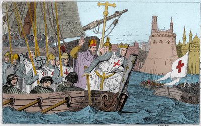 Siebter Kreuzzug: König Ludwig IX. (1214-1270) und die Kreuzfahrer belagern Damiette im Juni 1249 in Unterägypten - Siebter Kreuzzug ins Heilige Land 1248-50 - Ludwig IX. (1214-70) führt seine Truppen in die Schlacht - Gravur von 1825 in „Histoire de Franc von Ambroise Tardieu