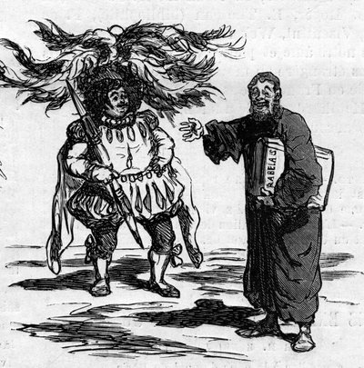 Freude von Rabelais, als er sieht, dass Gustave Doré sich vollständig mit den Männern seiner Schriften identifiziert. Karikatur von Cham. Gravur in „Le Monde Illustré“ Nr. 821 vom 4. Januar von Amédée de Noé
