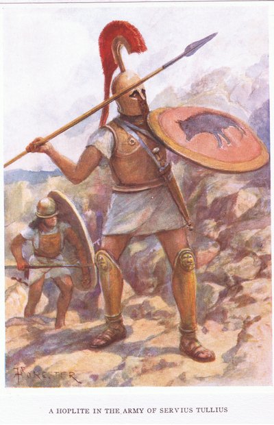 Ein Hoplit in der Armee von Servius Tullius, Illustration aus Der römische Soldat, 1928 von Amedee Forestier