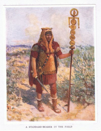 Ein Fahnenträger im Feld, Illustration aus Der römische Soldat, 1928 von Amedee Forestier