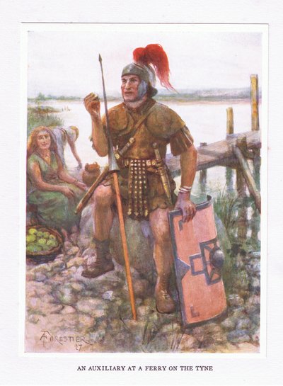 Ein Hilfstrupp an einer Fähre am Tyne, Illustration aus Der römische Soldat, 1928 von Amedee Forestier