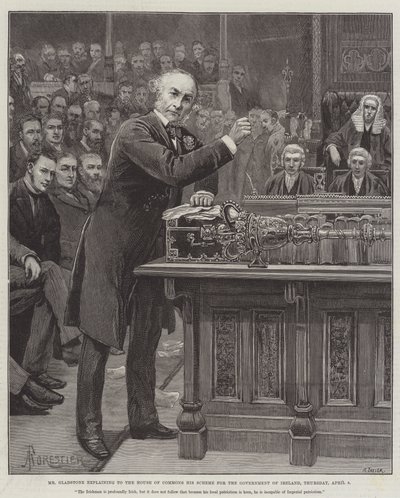 Mr. Gladstone erklärt dem Unterhaus seinen Plan für die Regierung Irlands, Donnerstag, 8. April von Amedee Forestier