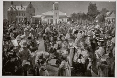 Die britische Besetzung von Bloemfontein - Ein Abendkonzert auf dem Marktplatz von den Dudelsäcken der Highland Brigade von Amedee Forestier