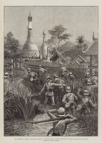 Die Kämpfe in Burma, Vorhut einer beweglichen Fliegenden Kolonne greift ein von Feinden besetztes Dorf an von Amedee Forestier