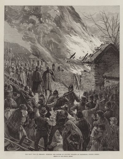 Der Mietkrieg in Irland, das Verbrennen der Häuser von vertriebenen Mietern in Glenbeigh, County Kerry von Amedee Forestier