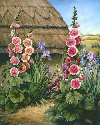 Cottage-Garten mit Stockrosen, 1995 von Amelia Kleiser