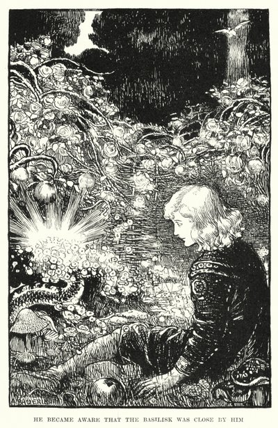 Er bemerkte, dass der Basilisk in seiner Nähe war (Gravur) von Amelia M. (attr.to) Bowerley or Bauerle