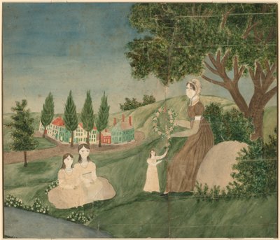 Mutter und drei Kinder machen einen Blumenkranz von American 19th Century
