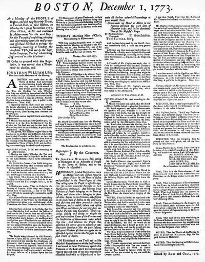 Ein Flugblatt, das die Ereignisse der Boston Tea Party im Dezember 1773 beschreibt von American School