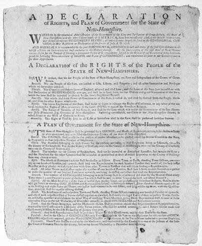 Eine Erklärung der Rechte und ein Regierungsplan für den Staat New Hampshire, 1779 von American School
