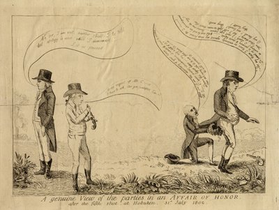 Eine echte Ansicht der Parteien in einer Ehrensache nach dem fünften Schuss in Hoboken, 31. Juli 1802 von American School