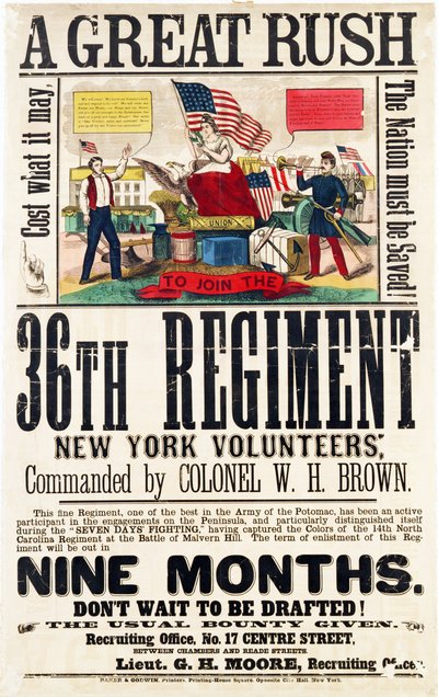 Ein großer Ansturm, Rekrutierungsplakat für das 36. Regiment, veröffentlicht von Baker & Goodwin von American School