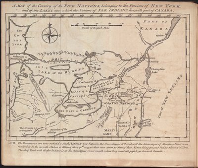 Karte des Landes der Fünf Nationen, das zur Provinz New York gehört; und der Seen, in deren Nähe die Nationen der fernen Indianer leben, mit einem Teil von Kanada, von Cadwallader Colden von American School