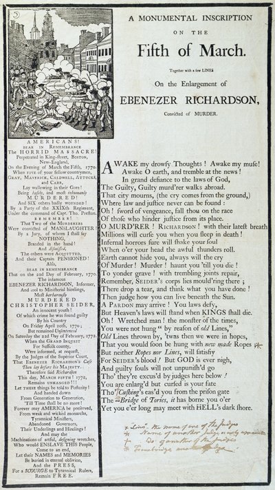 Eine monumentale Inschrift am 5. März 1772 von American School