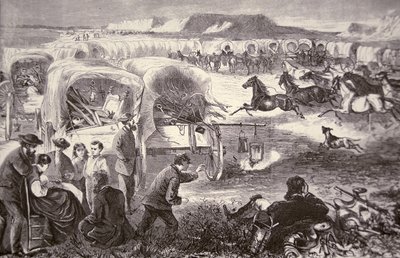 Ein Wagenzug bildet einen Korrall auf dem Oregon Trail von American School