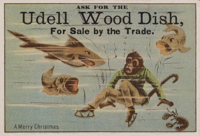 Fröhliche Weihnachten, Werbekarte für Udell-Holzgeschirr von American School