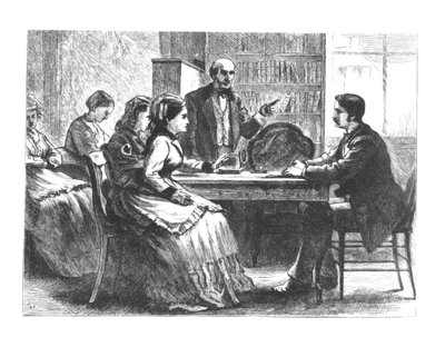 Eine Frau verhandelt mit einem Fabrikmanager, unterstützt von einem Berater aus Susan B. Anthonys neuer Working Womens Protective Association, 1860er-70er Jahre von American School