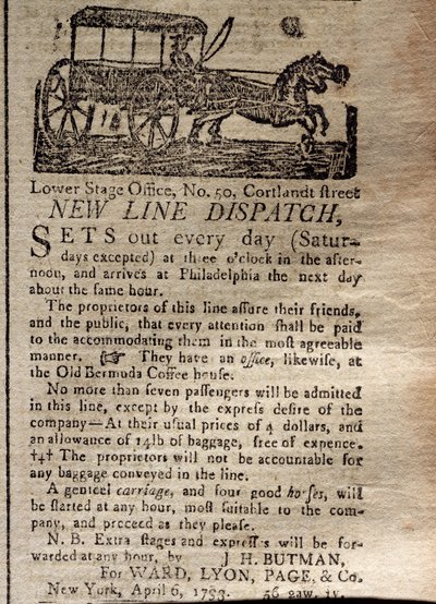 Anzeige für die New Line Dispatch, aus The New York Journal & Patriotic Register, 6. April 1793 von American School
