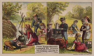 Amerikanische Werbekarte für Nähmaschinen und Öfen der Florence Machine Company, Massachusetts, ca. 1880er Jahre von American School