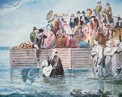 Täufer von Philadelphia beobachten eine vollständige Taufe in einem Fluss von American School