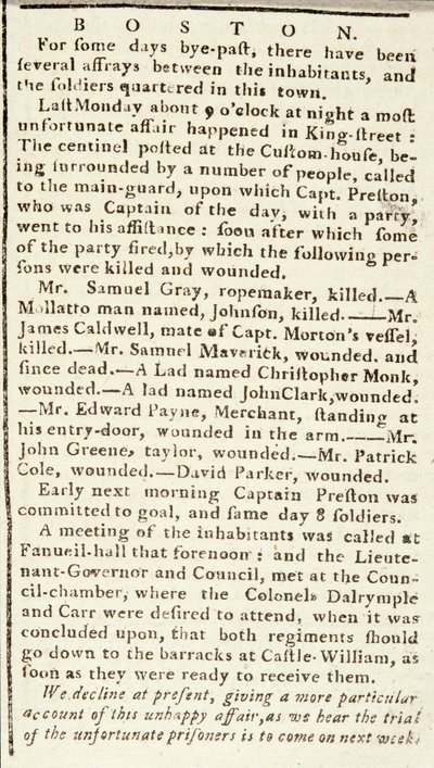 Artikel aus dem Boston Chronicle über die Ereignisse des Boston Massakers, 5. März 1770 von American School