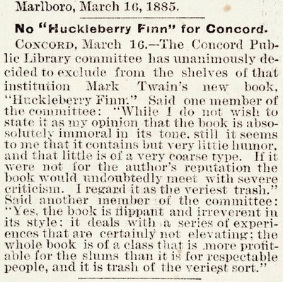Artikel im Boston Daily Globe über das Verbot von Huckleberry Finn in Concord, Massachusetts, vom 16. März 1885 von American School