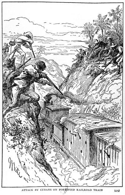 Angriff der Kubaner auf einen befestigten Eisenbahnzug, Illustration aus The Story of Cuba von Murat Halstead, veröffentlicht 1898 von American School