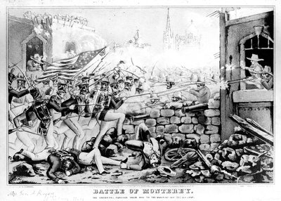 Schlacht von Monterey: Die Amerikaner erkämpfen sich ihren Weg zum Hauptplatz, 23. September 1846, graviert und veröffentlicht von Nathanial Currier (1813-88) von American School