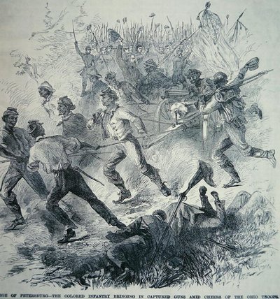 Schwarze Truppen der Unionsarmee bringen erbeutete Kanonen während der Belagerung von Petersburg (1864-65) von American School