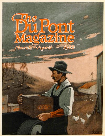 Bohrmaschinen und Sprengstoffe - Zwillingshelfer, Titelseite des DuPont Magazins, März-April 1922 von American School