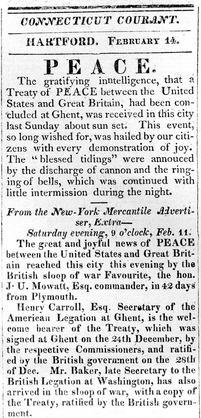 Flugblatt, das den Frieden zwischen den USA und Großbritannien nach dem Krieg von 1812 ankündigt, gedruckt in der Connecticut Courant, 1815 von American School