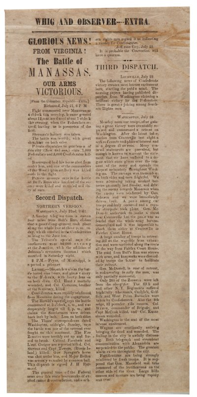 Flugblatt zur Ankündigung der Ersten Schlacht von Manassas, Whig und Observer Extra, nach dem 22. Juli 1861 von American School