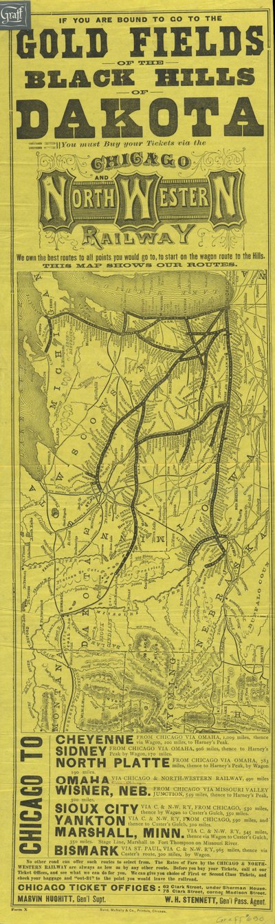 Plakat für die Chicago and North Western Railway, gedruckt von Rand McNally, ca. 1870 von American School