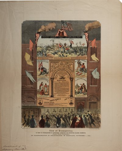 Flugblatt zur Rekrutierung von Afroamerikanern und zur Feier der Emanzipation in Maryland, Ringwalt & Brown (fl.1863-1865), ca. 1. November 1864 von American School