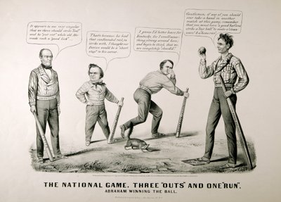 Karikatur, die Abraham Lincoln (1809-65) zeigt, wie er den Ball gegen seine Gegner Douglas, Bell und Breckenridge bei der Präsidentschaftswahl von 1860 gewinnt von American School