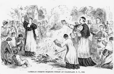 Katholische Priester verbrennen Bibeln in Champlain, New York, Illustration aus einem anti-katholischen Pamphlet, 1842 von American School