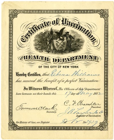 Impfzertifikat, Gesundheitsamt der Stadt New York, 1882 von American School