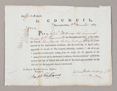 Scheck über drei Pfund und dreizehn Schilling an Joseph Williams, 13. November 1783 von American School