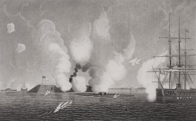 Kampf zwischen der konföderierten CSS Virginia (links) und der Union USS Monitor (Mitte) am 9. März 1862 bei Hampton Roads, Virginia von American School