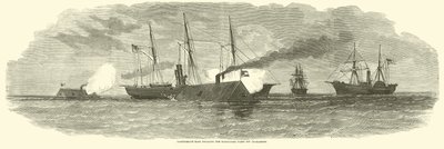 Konföderierte Rammen im Gefecht mit der Blockadeflotte vor Charleston, Januar 1863 von American School