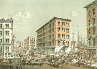 Ecke Clark und South Water Street, aus Chicago Illustrated, mit literarischen Beschreibungen von James W. Sheahan, veröffentlicht von Jevne & Almini, Chicago, 1866-67 von American School