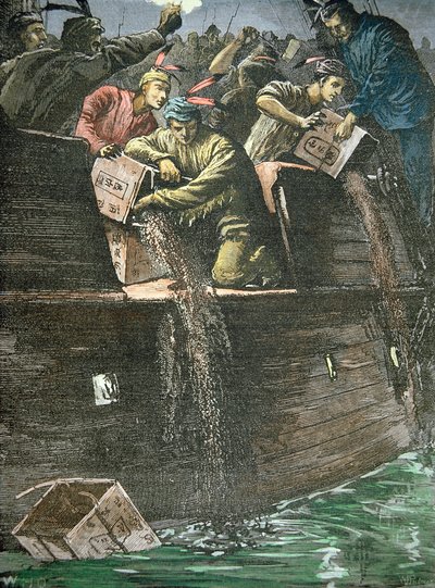 Zerstörung der Teeladungen, bekannt als die Boston Tea Party von American School