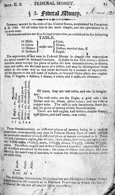 Bundesgeld, Seite aus The Scholars Arithmetic 6. Ausgabe, von Daniel Adams, veröffentlicht von N.H. Keene, 1810 von American School