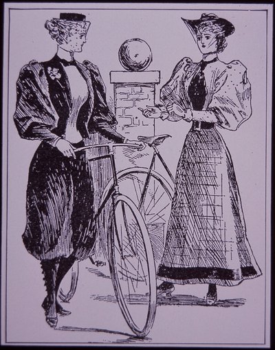 Damen-Radfahrkostüm, zeigt ein Mädchen in Pluderhosen, New York, USA von American School