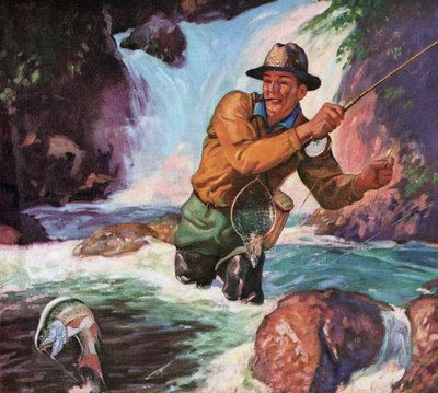 Fliegenfischer in einem Fluss, der eine Bachforelle fängt von American School