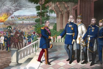 Deutsch-Französischer Krieg 1870-1871: Die Kapitulation von Napoleon III nach der Schlacht von Sedan, 2. September 1870. Farbliniengravur, amerikanisch, ca. 1871 - Krieg von 1870: Napoleon III (1808-1873) Gefangener nach der Schlacht von Sedan trifft Wilhe von American School