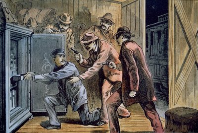 Frank und Jesse James Gang überfallen den Expresswagen eines Zuges im Jahr 1879 von American School