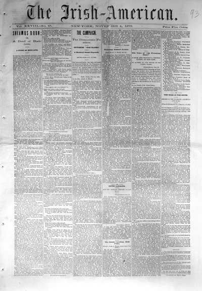 Titelseite von The Irish-American, veröffentlicht in New York, 4. November 1876 von American School