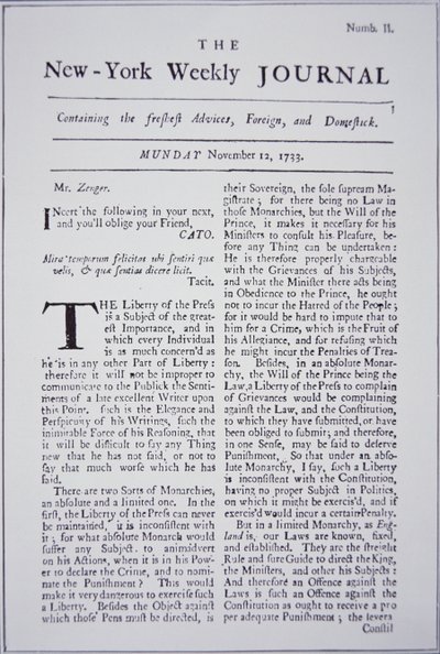 Titelseite des New-York Weekly Journal über Pressefreiheit von American School