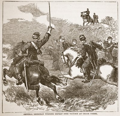 General Sheridan verwandelt Niederlage in Sieg bei Cedar Creek, aus einem Buch veröffentlicht 1896 von American School